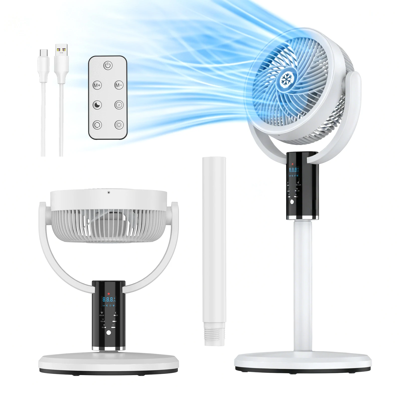 Ventilateur de sol rechargeable avec télécommande, 8 vitesses et minuterie 8h, 3 hauteurs réglables, écran LED et plateau à arômes pour la maison et le bureau