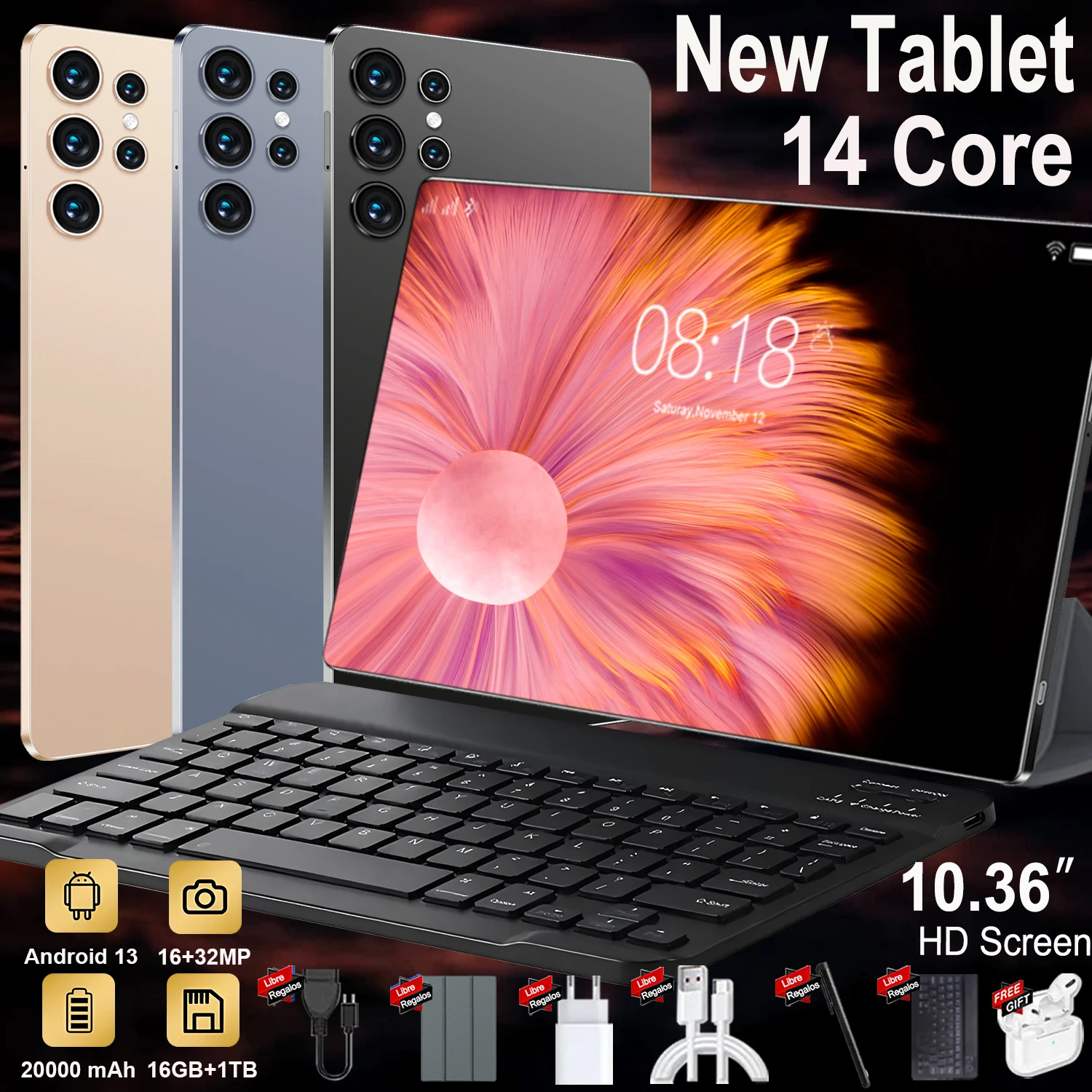 Nouvelle tablette Android 13 mondiale de 10,36 pouces, article tendance, processeur puissant 14 cœurs, 16 Go de mémoire vive + 1 To de stockage, batterie super grande capacité de 20000 mAh, prise en charge complète 5G double SIM et Wi-Fi, appareils photo clairs 16MP et 32MP, design fin et léger pour les voyages, le télétravail et le streaming.