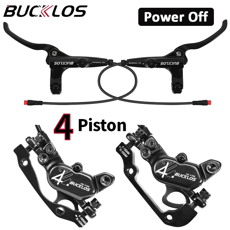 

BUCKLOS 4 Piston Electric Bike Hydraulic Brakes Power Off Front Rear E-Bike Brake Set Scooter Bicycle Oil Disc Brake MTB Parts