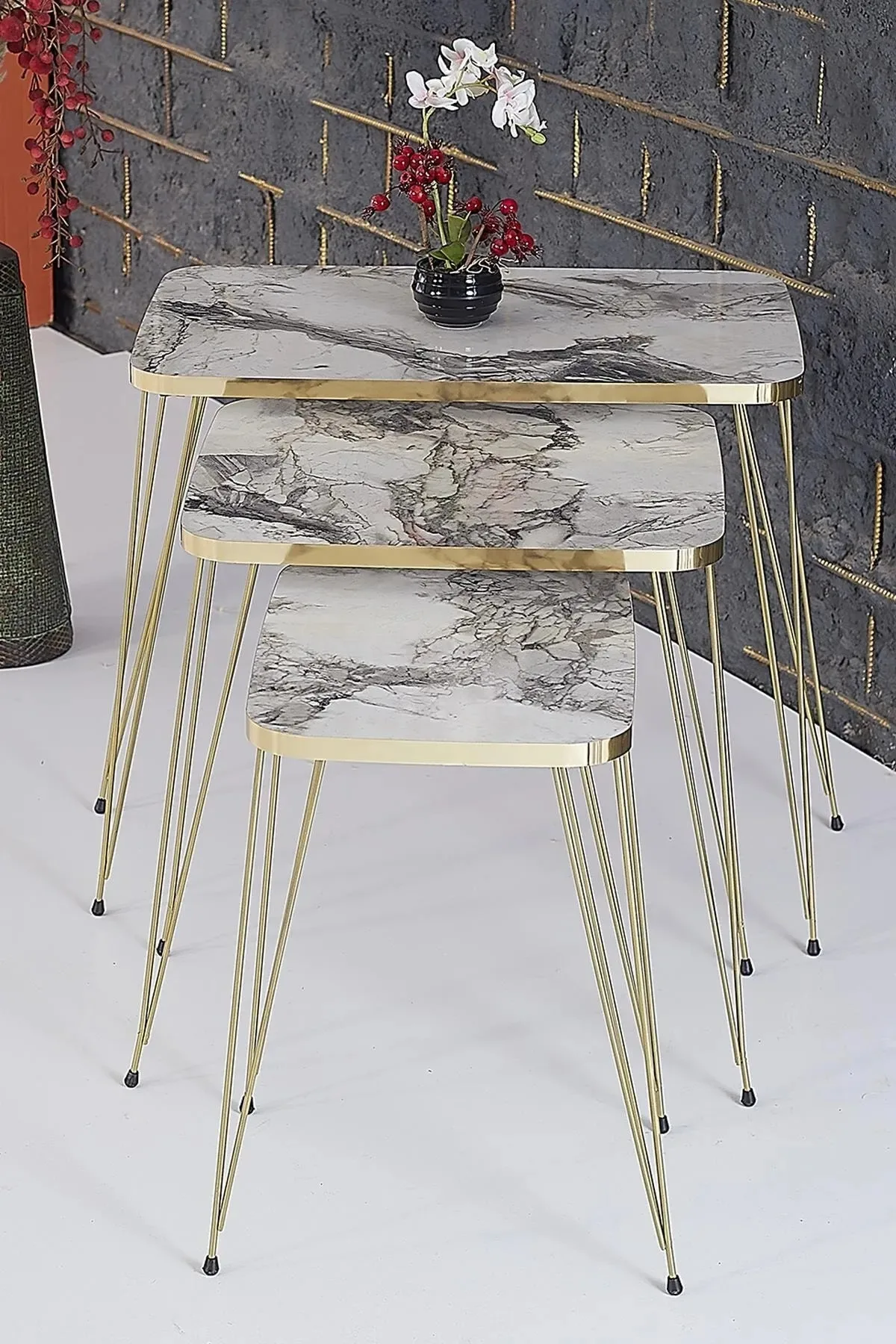 3 Piece Luxury Gold Nesting Table for Living Room Decorative White Marble Metal Leg Nordic Coffee Table Furniture Set