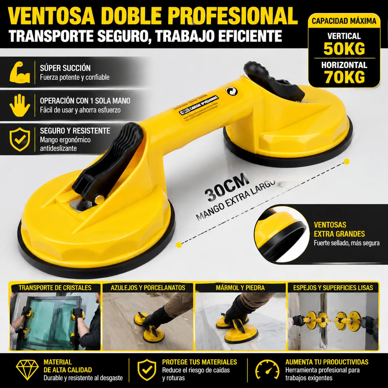 Ventouse double professionnelle pour verre et carrelage, ventouse de levage avec poignée ergonomique, capacité de charge 70 kg horizontale / 50 kg verticale, corps en ABS résistant, idéale pour le transport du marbre, des miroirs et de la céramique lors de projets de rénovation