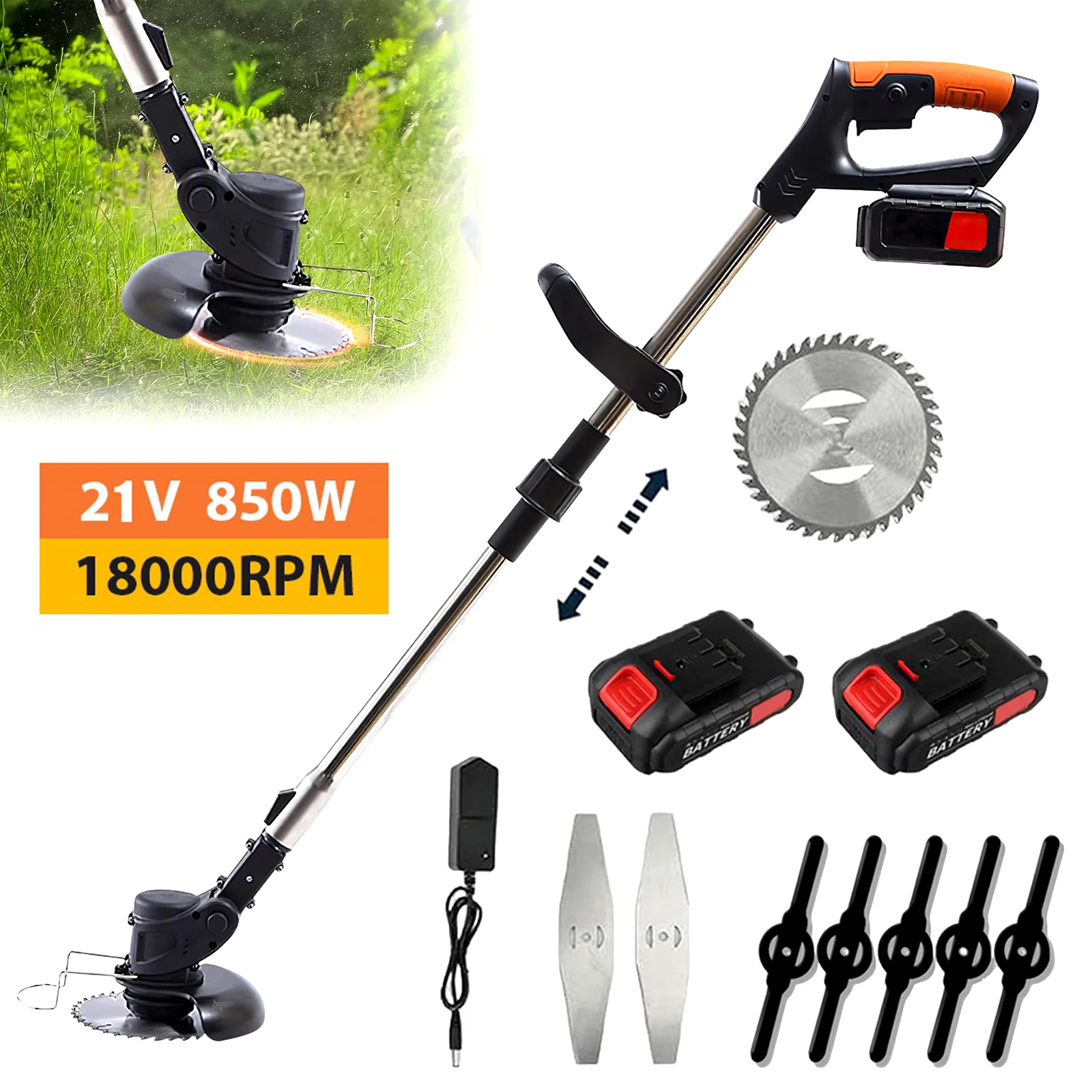 850W Electric Cordless Grass Trimmer 18000PRM fuel Cup Weeder Lawn mover Adjustable Garden Tool With 2PCS 21V Battery