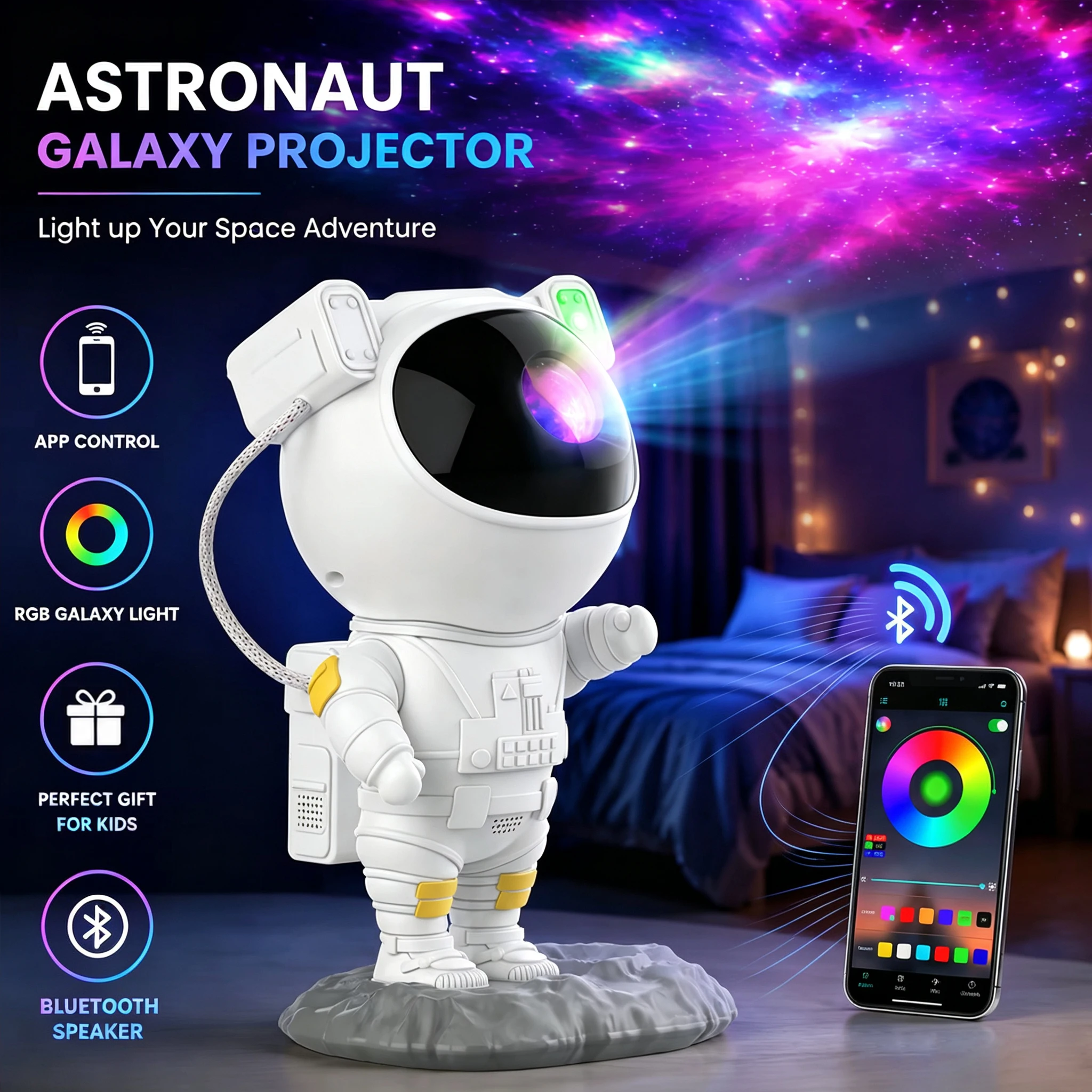 Astronaut Lureshine Galaxie-Projektor mit Bluetooth-Lautsprecher, App-Steuerung, Nebula RGB, Sternenhimmel-Nachtlicht, 360° °   Rotierender Weltraum-Projektor für Kinderzimmer, Geschenk zur