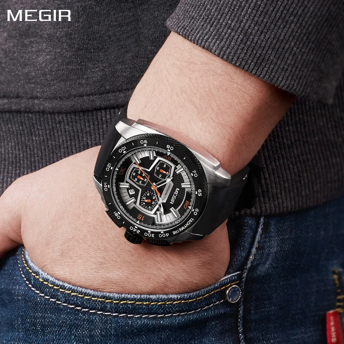 

MEGIR Luxury Men's Sports Watches Silicone Band Quartz Casual Wristwatch Calendar Waterproof Man Chronograph Clock Reloj Hombre