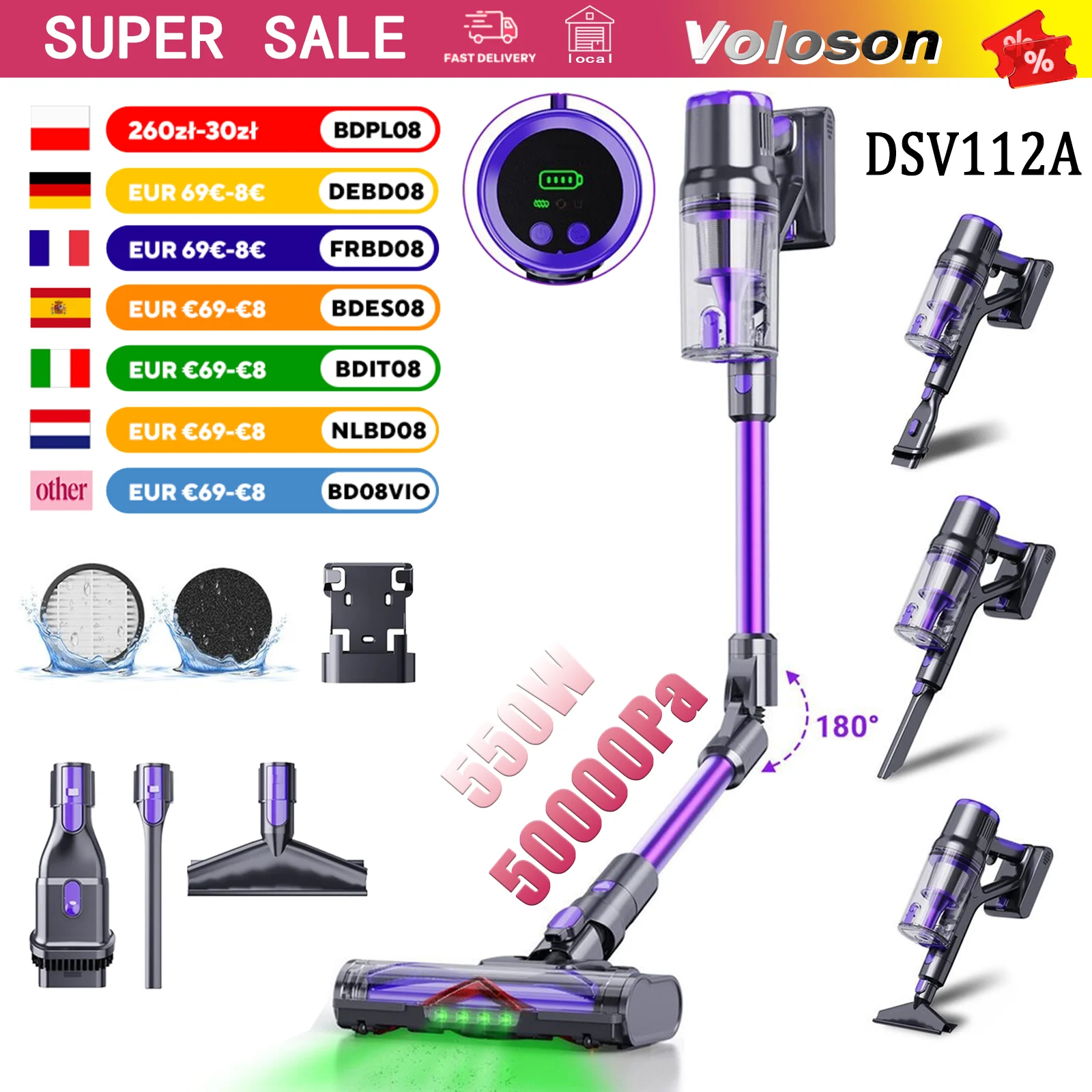 DSV112A Cordless Stick Vacuum 50000Pa 550W 180° Foldable Tube 55 Mins Runtime Touchscreen Anti-Tangle Brush HEPA Filter for Pet