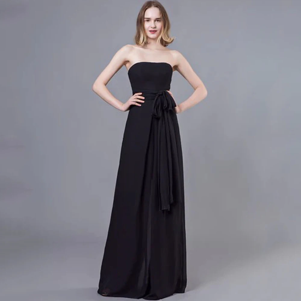 Robe de soirée noire simple à manches sans bretelles pour femmes, ligne A, longueur au sol avec ceinture, sexy, dos ouvert, banquet, événement, sur mesure, quoi que ce soit