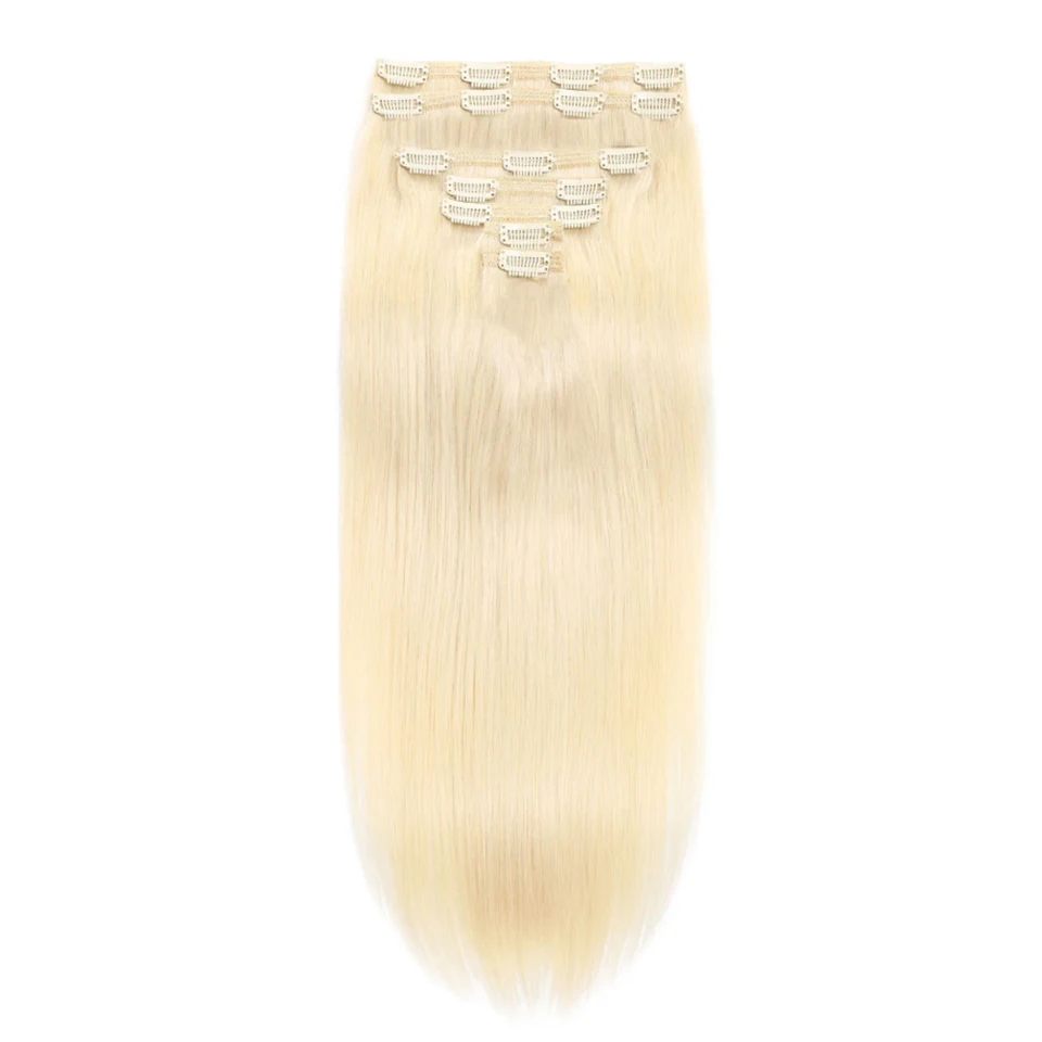 Audelami 613 Bleach Blonde Straight Clip in Hair Extensions 120g/7Pcs Straight Remy Hair Extensions Full Head Thick Double Weft