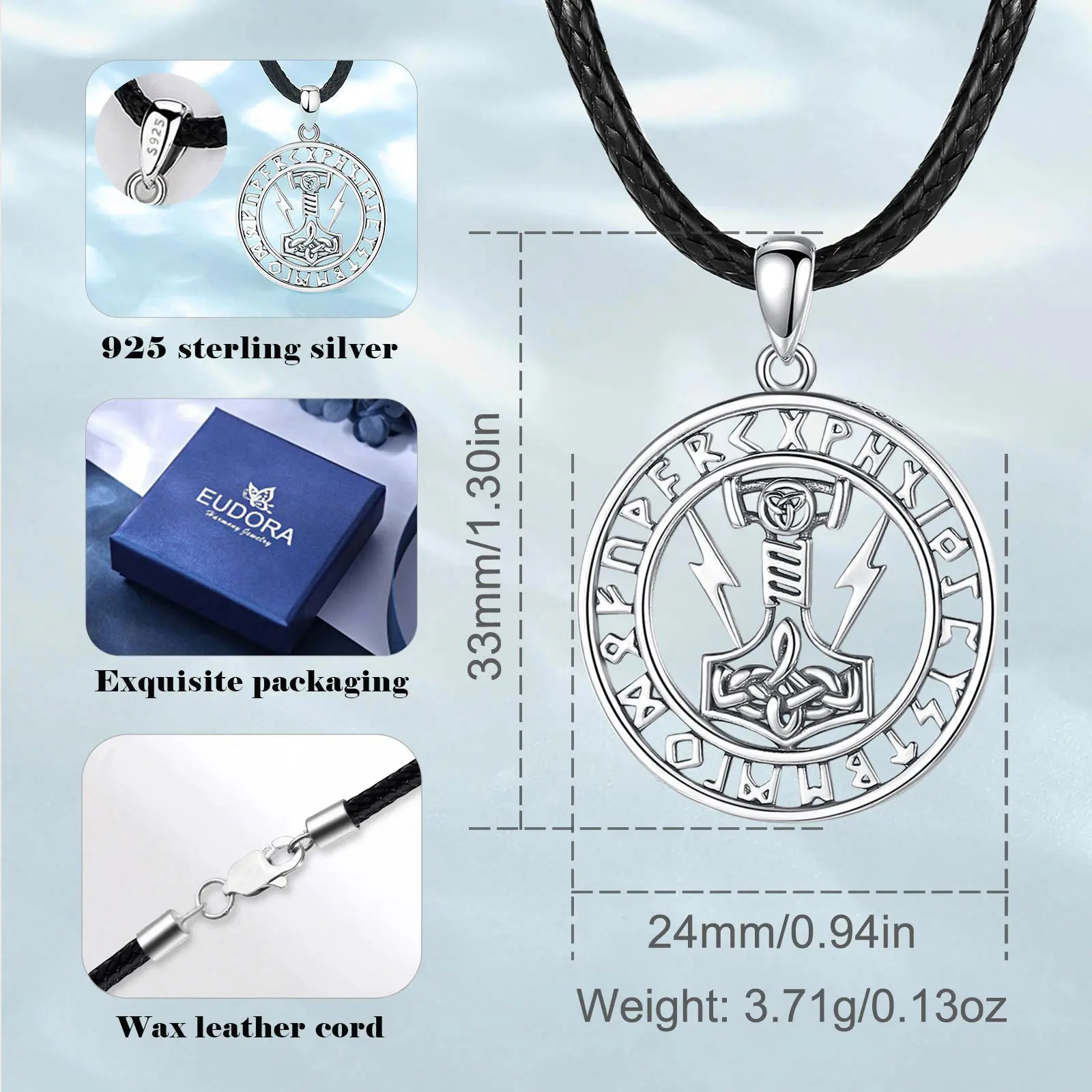 Eudora 925 Sterling Silver Viking Runes Amulet Necklace for Men Nordic Thor's Hammer Celtic Knot Pendant Personality Jewelry Gif