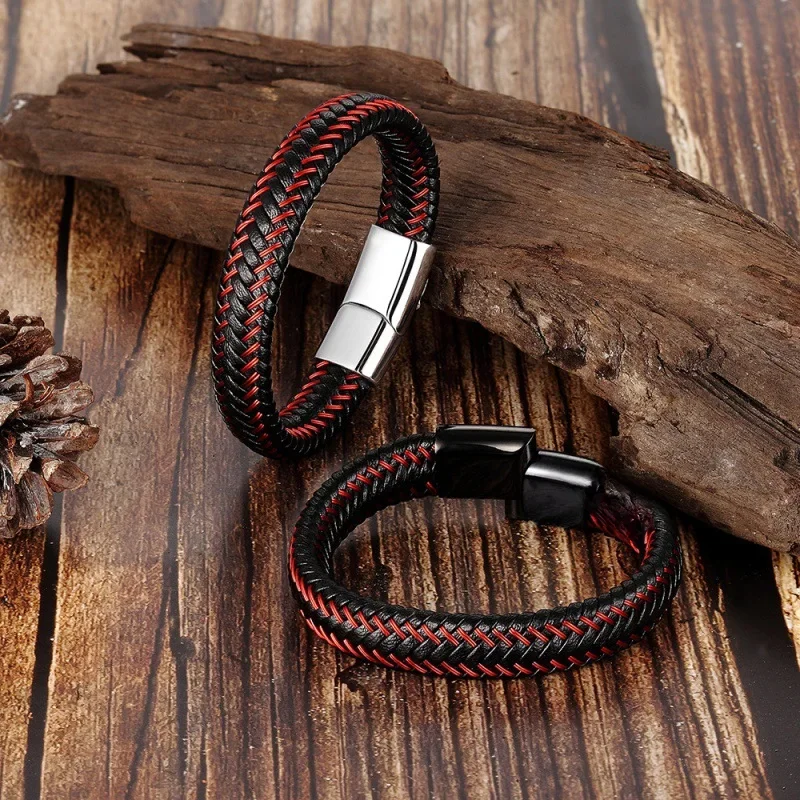 Leren koordarmband Roestvrij staal Leer gevlochten armband Echt lederen armband Rode armband Heren koeienhuid sieraden - afbeelding 2