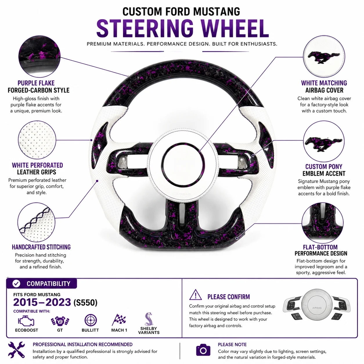 For Ford Mustang GT V6 EcoBoost Shelby GT350 GT500 2015-2023 White Perforated Leather Purple Forged Carbon Fiber Steering Wheel view 2