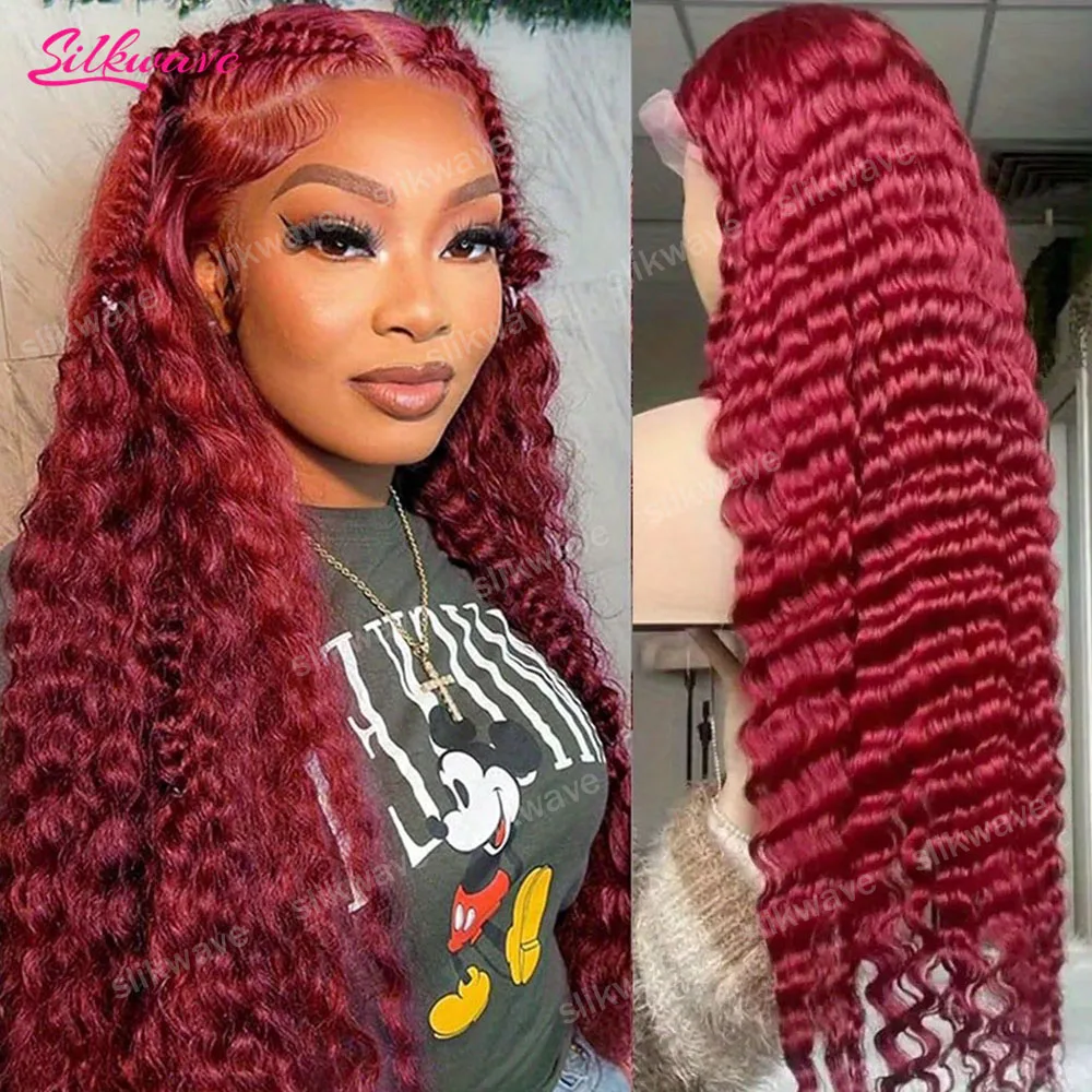 

32 36 Inch Burgundy 99j Deep Wave Wine Red Colored Curly Human Hair Wigs 200 Density 13x4 13x6 HD Lace Frontal Human Hair Wigs