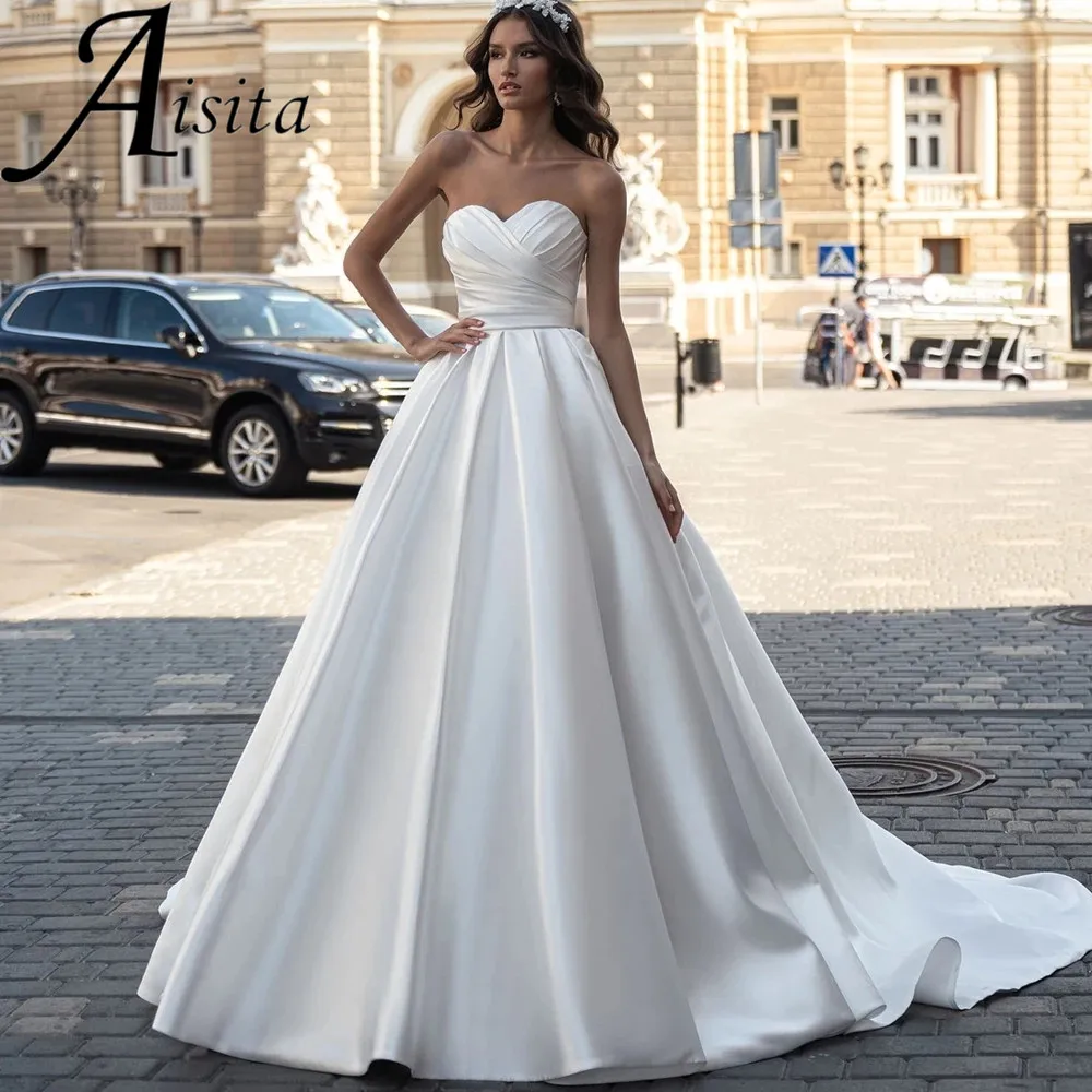 

Graceful Sweetheart Sleeveless Bridal Gowns A Line Wedding Dress Sweep Train Button Back Pleats Refined Vestidos De Novia