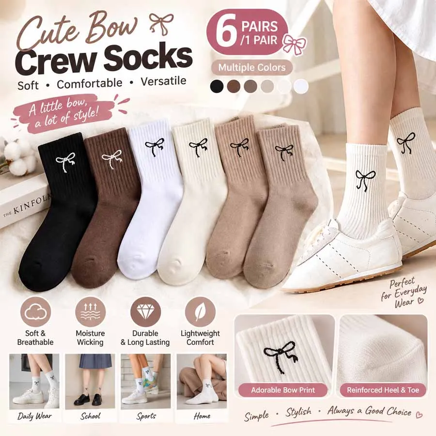 6/1 Pairs Women Bow Print Crew Socks, Random Color Cotton Casual Preppy Style Sailor Socks, Soft Comfortable Daily Wear Girls So