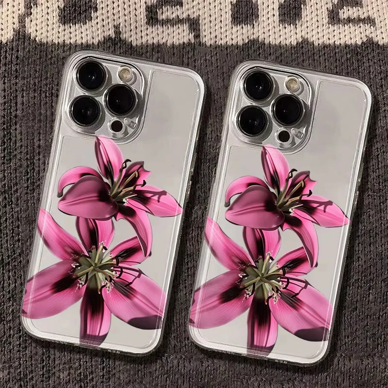 Pink Lily Flower Transparent Phone Case For Samsung S25 FE S24 Plus S23 Ultra S22 S21  Soft Shockproof Floral Protective Cover