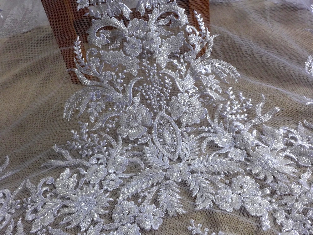 HelluyerDc Pure white&Ivory heavy beaded lace fabric,big patterns embroidery for wedding prom dress fabric by the yard