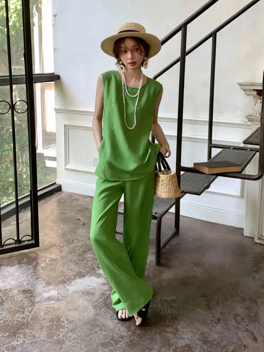 

Elegant minimal women's solid color summer 100% linen suit