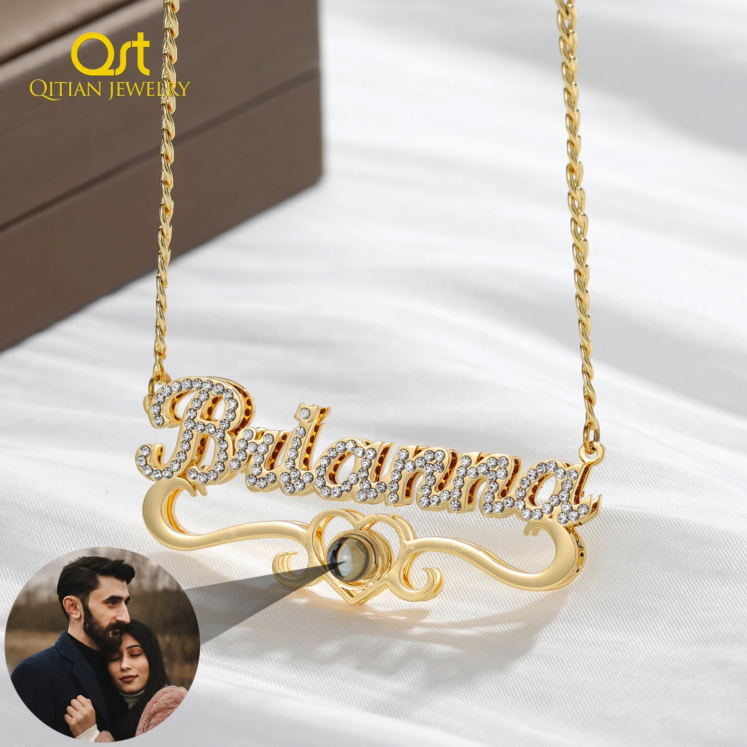 

New 2022 Custom Name Projection Photo Necklace Women Luxury Gold Diamonds Letter Gift For Lover Stainless Steel Cuban Chain