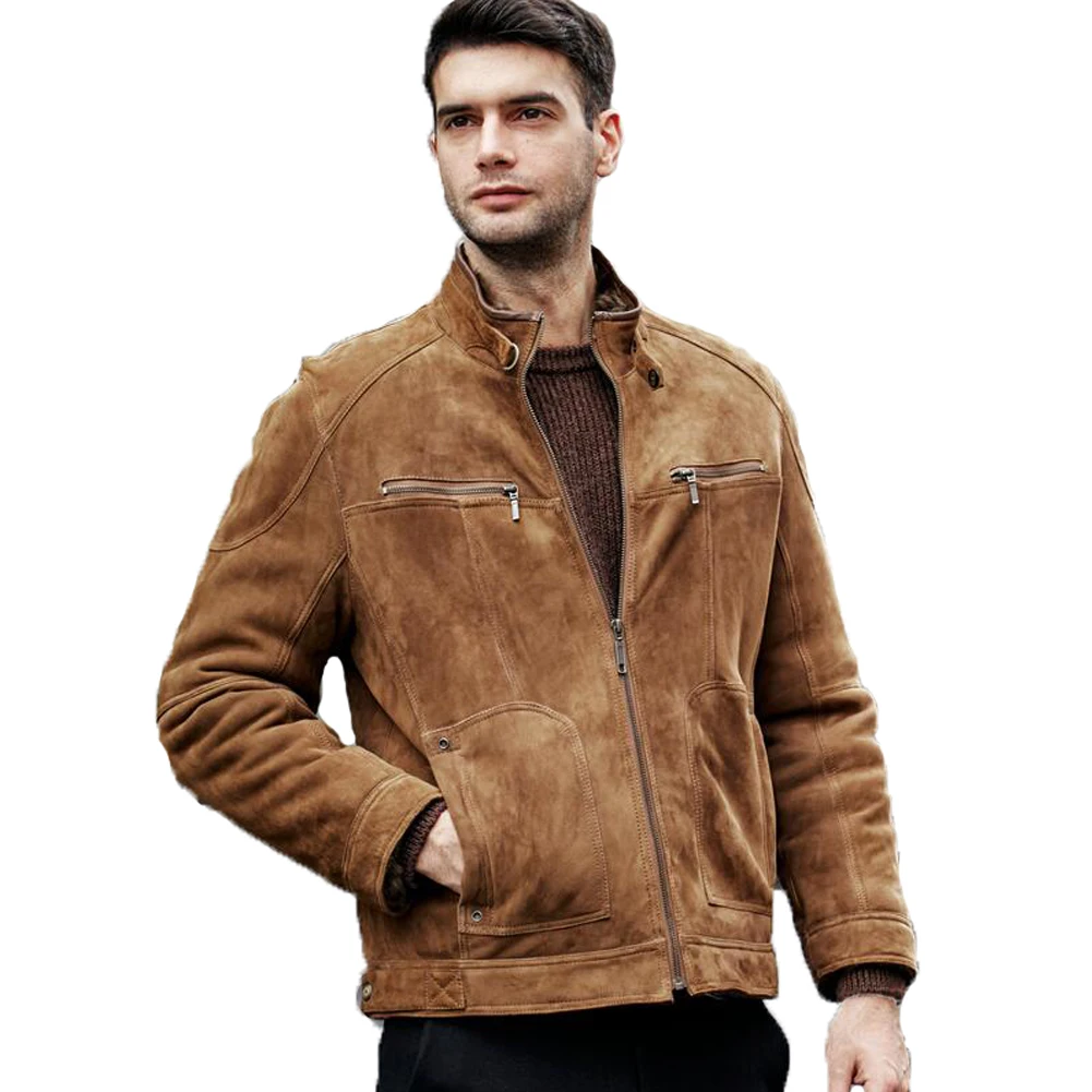 

Denny&Dora Mens Shearling Jacket Sherpa Shearling Jacket Stand Ccollar Cropped Jacket Brown Color