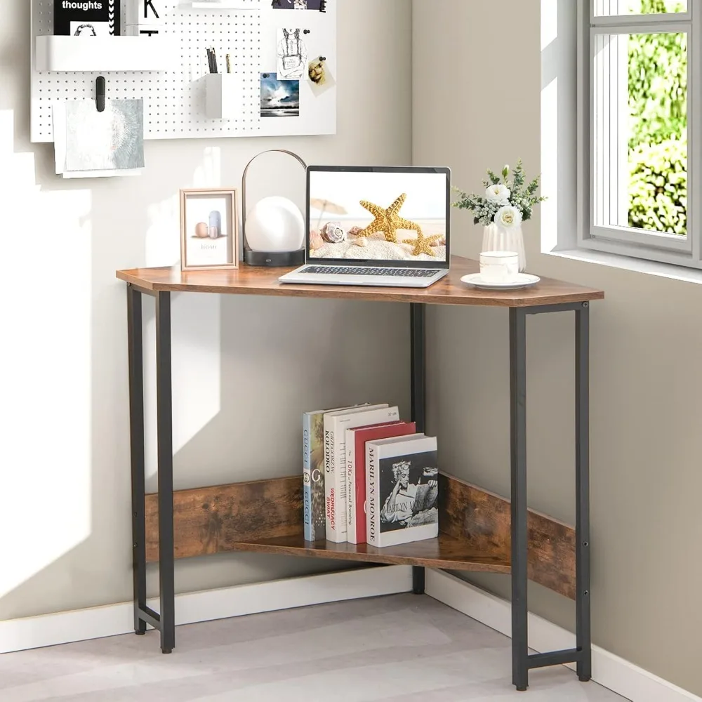 

Triangle Corner Computer Desk for Small Space, Rustic Brown, Modern Style, Space Saving, USB Ports & Power Outlet, Sturdy & Dura