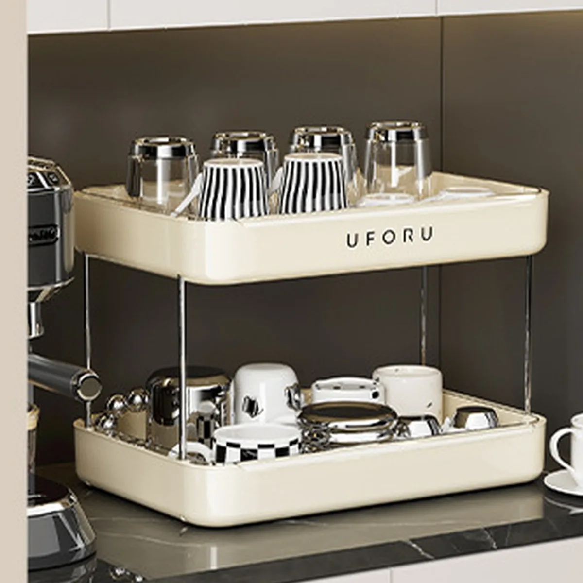 Cup Rack 2 Tier 3 Tier Drip Tray Coffee Tea Countertop Organizer Cream Black