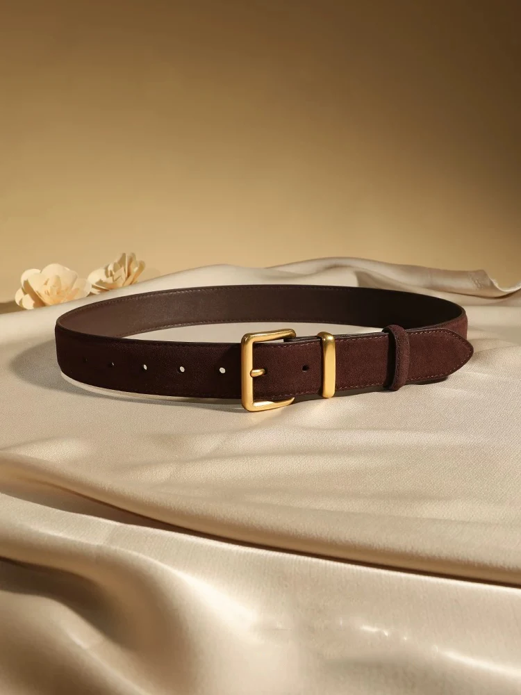 Luxuriöser Wildleder-Rindsledergürtel für Damen, Vintage-Stil mit goldener Schnalle, 3,3 cm breiter Bund für Kleider und Jeans – Detail 11
