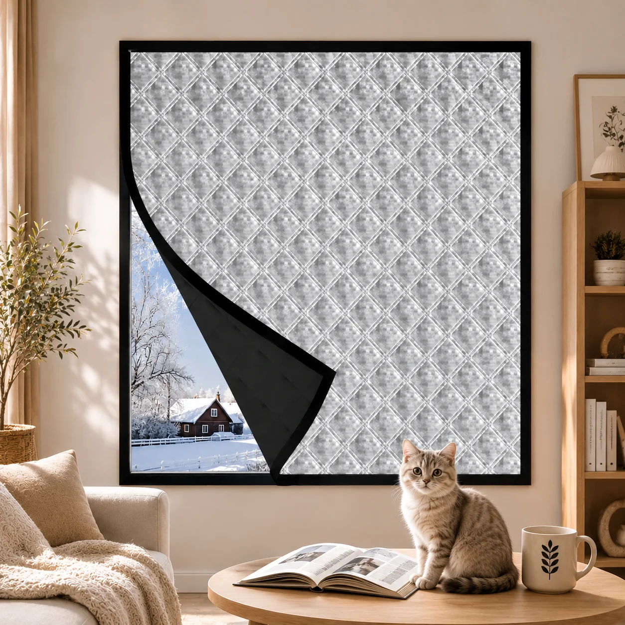 Thick Winter Thermal Window Curtain, Silver Quilted Insulated Cover, No-Drill Self-Adhesive Draft Blocker for Bedroom