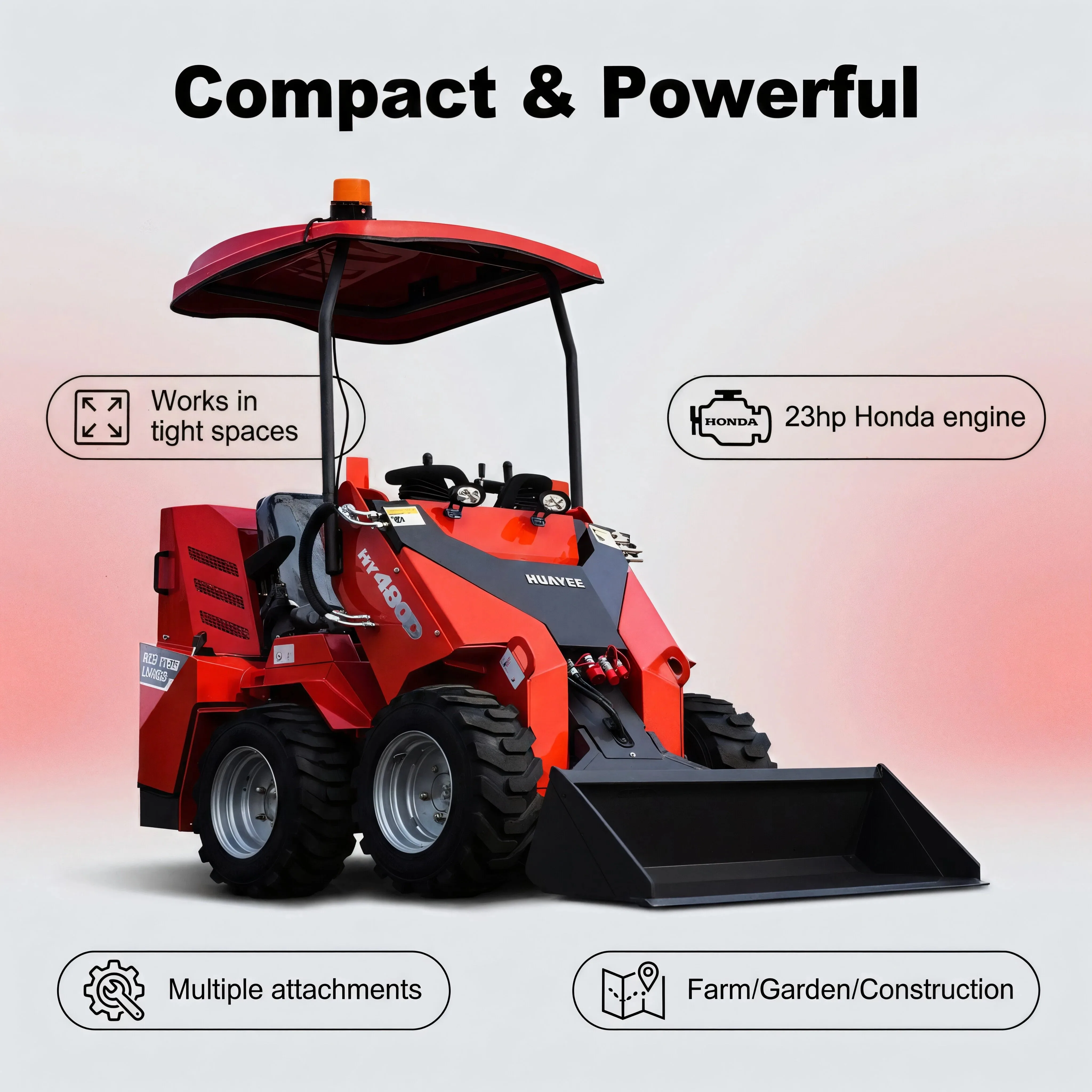 Wheel Skid Steer Loader Powered by a 23 HP Engine. Ride-on Loader—Shipped from a U.S. Warehouse.Custom Made