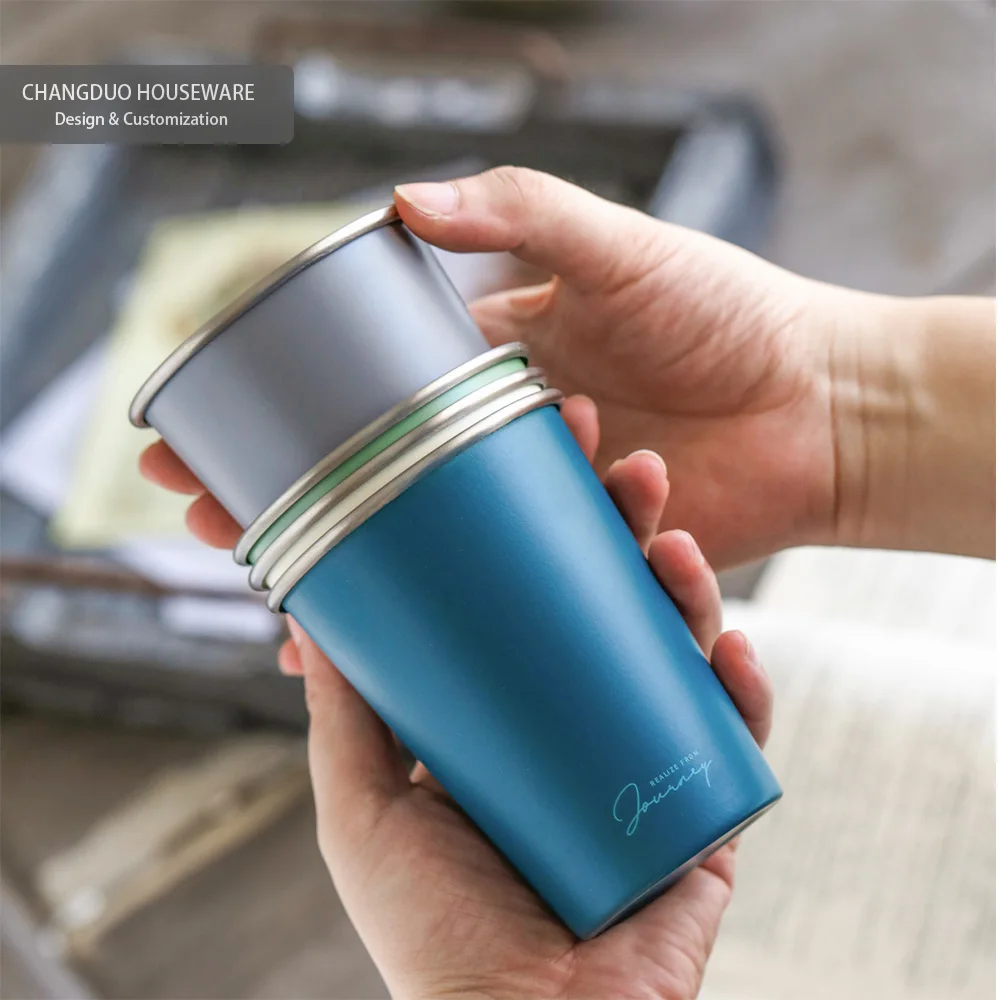 304 Stainless Steel Cup Beige Gray Blue Green Outdoor Camping Portable Breakfast Milk Coffee Beer Cup(without straw)