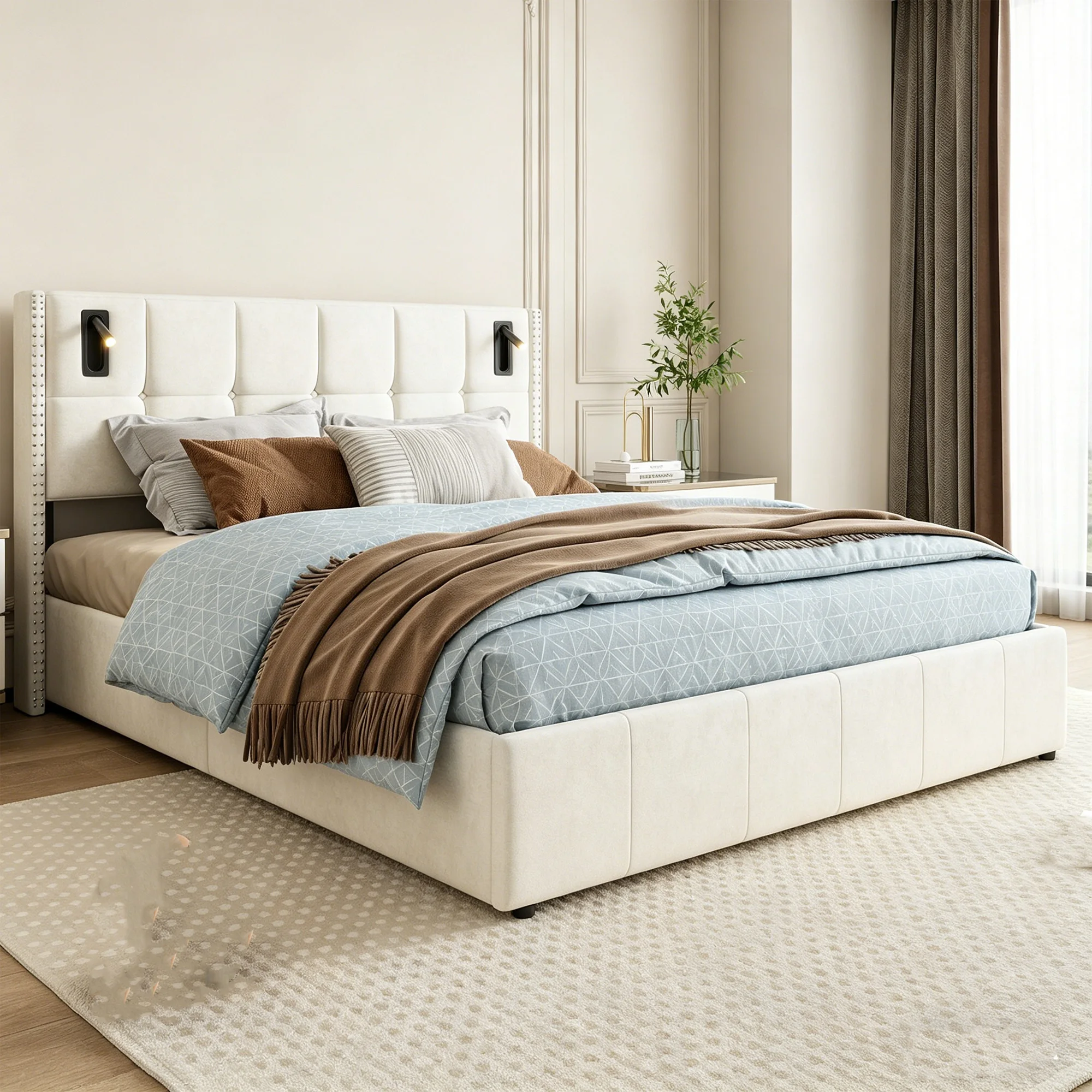 Anajqaqia Cama Tapizada de 160x200cm con Luz de Lectura, Cama Doble de Terciopelo con Espacio de Almacenamiento, Cama Hidráulica con Base de Cama, Estructura de Cama