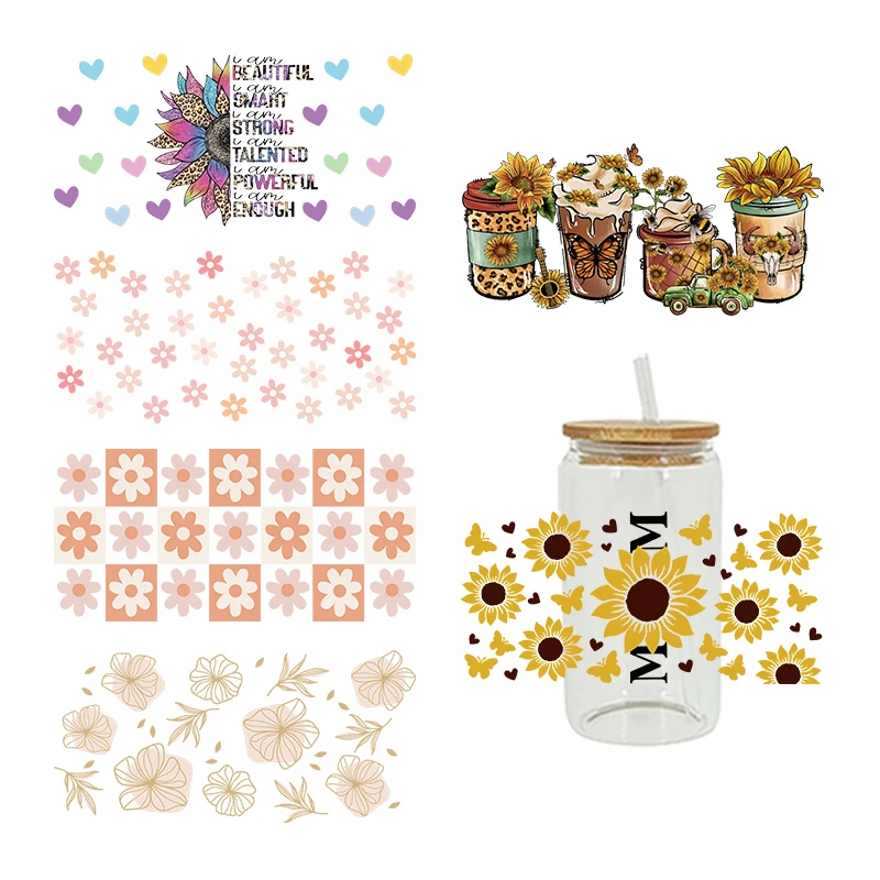 Sunflower Mom 16oz Glass Can Libbey Glass Can Wrap For Cricut Silhouette Cameo 3D UV DTF Transfer Sticker D9703