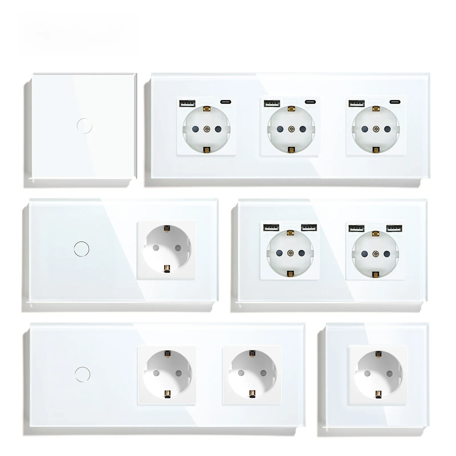 BSEED Touch Lichtschakelaar EU Standaard Stopcontact Met USB Type-C Kristallen Glazen Paneel Witte Kleur Stekkers 1/2/3Gang Schakelaar - afbeelding 2