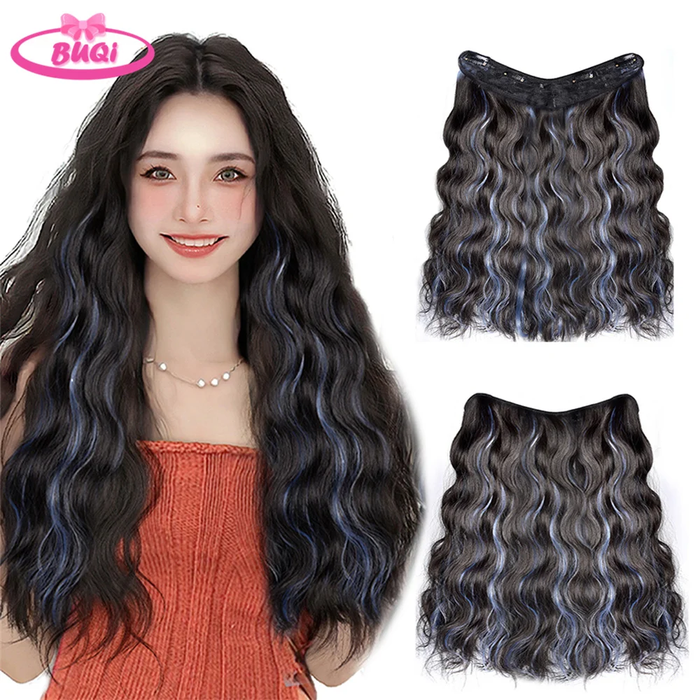 

BUQI Synthetic V-shaped Long Curly Wavy Hair Extension Clip In Hair Piece Heat Resistant Fiber Black Blue For Women