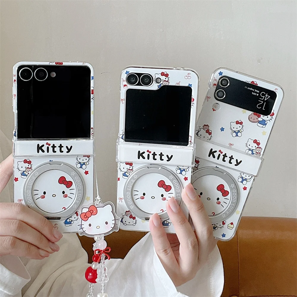 

Kawaii HelloKitty With 360 ° Stand Cartoon Phone Case for Samsung Galaxy Z Flip6 7 FE Flip7 6 5 flip 5 4 3 Cover with Chain Capa