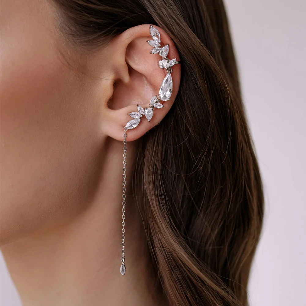 

Stonefans Elegant Teardrop Dangle Ear Cuff for Woman Unique Ear Jewelry Fashion Rhinestone Tassels Ear Clip Banquet Accessories