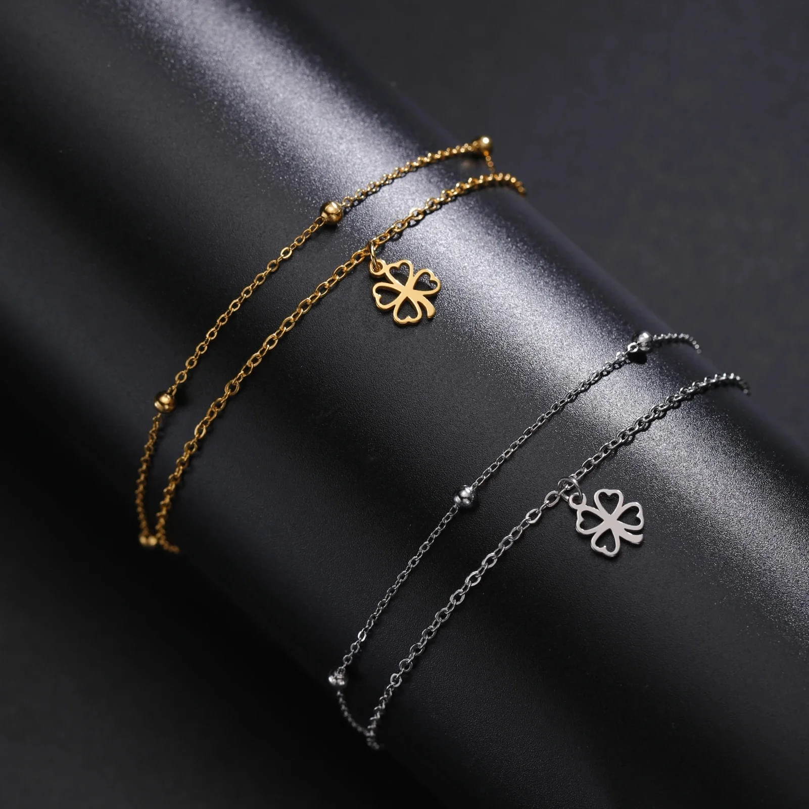 Cazador Klavertje Vier Armband voor Vrouwen Roestvrij Staal Geluk Sieraden Dubbele Ketting Armband bij de hand Verjaardagscadeau 2024 Nieuw - afbeelding 2