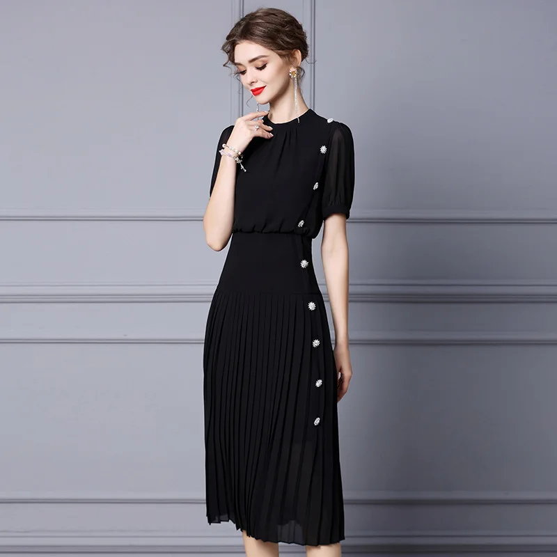 

Puff sleeve dress 2022 new women summer black short-sleeved waist mid-length stitching pleated dresses