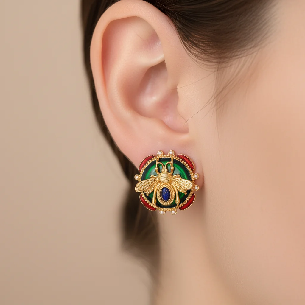 Luxury Vintage Gold Color Bee Stud Earrings for Women Fashion Green Enamel Round Drop Earring Jewelry Gift Daily Holiday