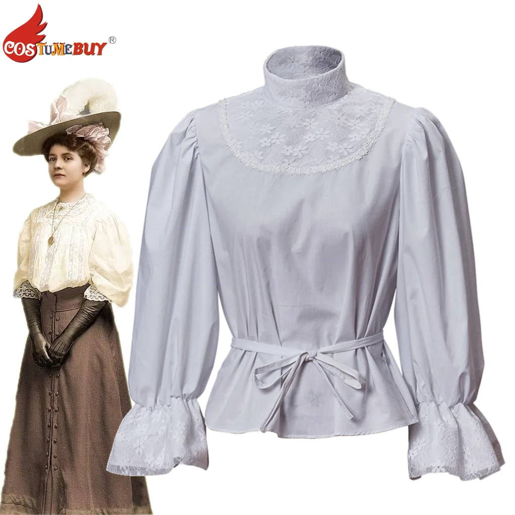 

Fashion Exquisite White Edwardian Blouse European Victorian Ladies Vintage Lace Shirts 1900s Stand Collar Shirt Top For Women