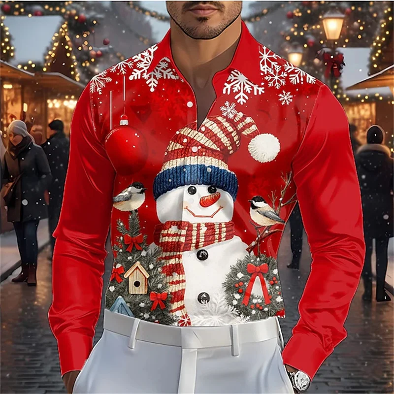 

Santa Claus Snowflake Christmas Ball Shirt Long Sleeve Fashion Casual Outdoor Holiday Autumn and Winter Collared Button Shirt Re
