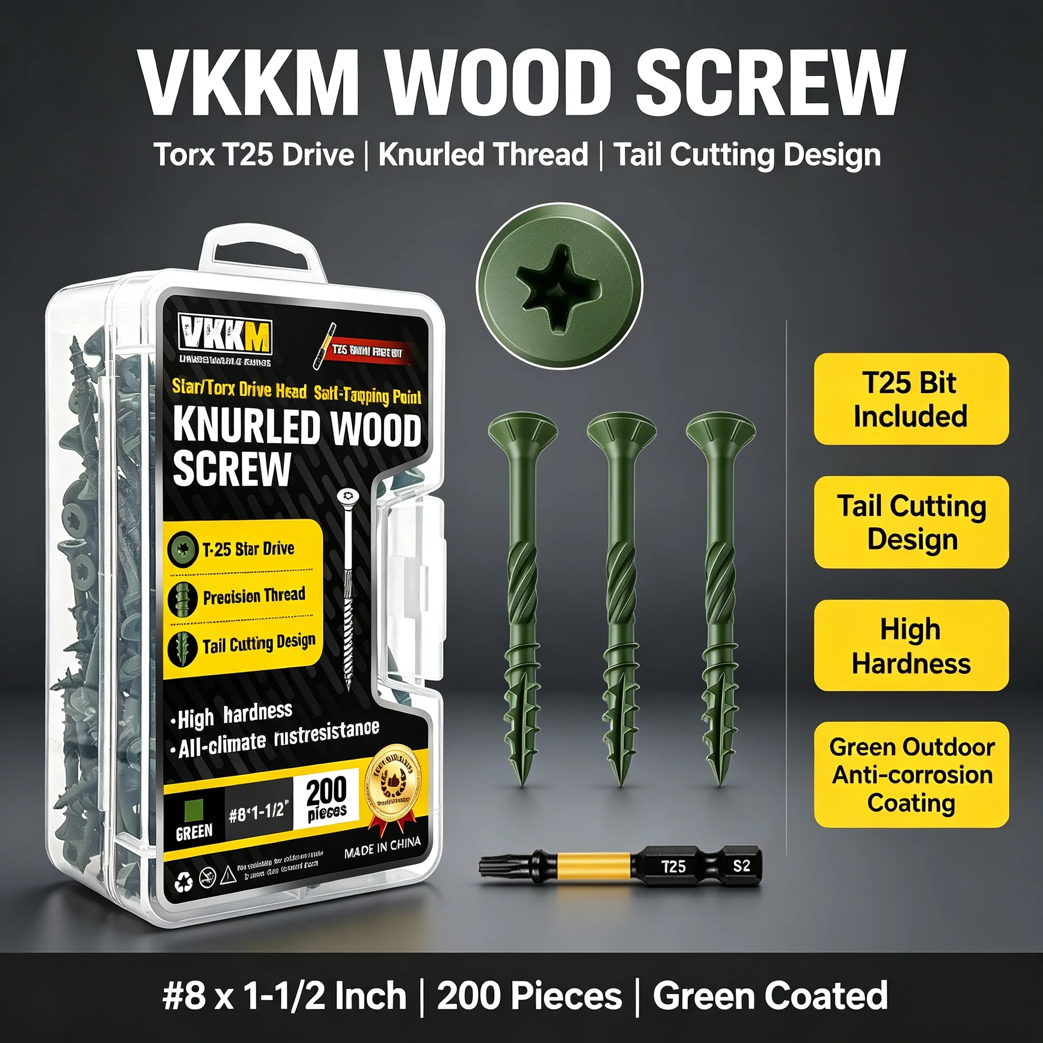 VKKM #8 x 1-1/2 Inch Green Knurled Wood Screws 200PCS Torx T25 Tail Cutting Self Tapping Screws Kit with T25 Bit for Outdoor Deck Garden Wood Construction