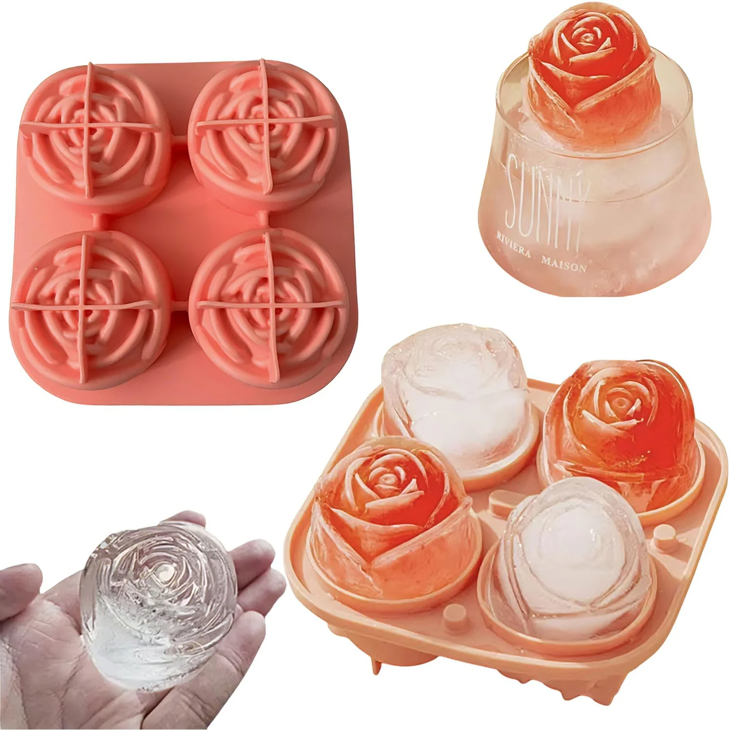 3D-Rosen-Eiswürfelformen, lebensmittelechtes Silikon, 4 Hohlräume pro Tablett, lustig geformtes gefrorenes Tablett, langsames schmelzendes Eis für Whisky, Cocktails