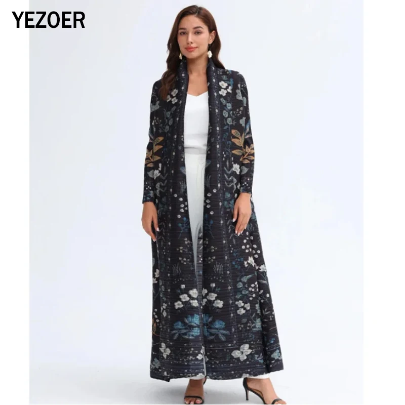 

Miyake Pleated Cardigan Turndown Collar Long Sleeve Jacket Women Autumn Abaya Designer Fashion Elegant Long Coats