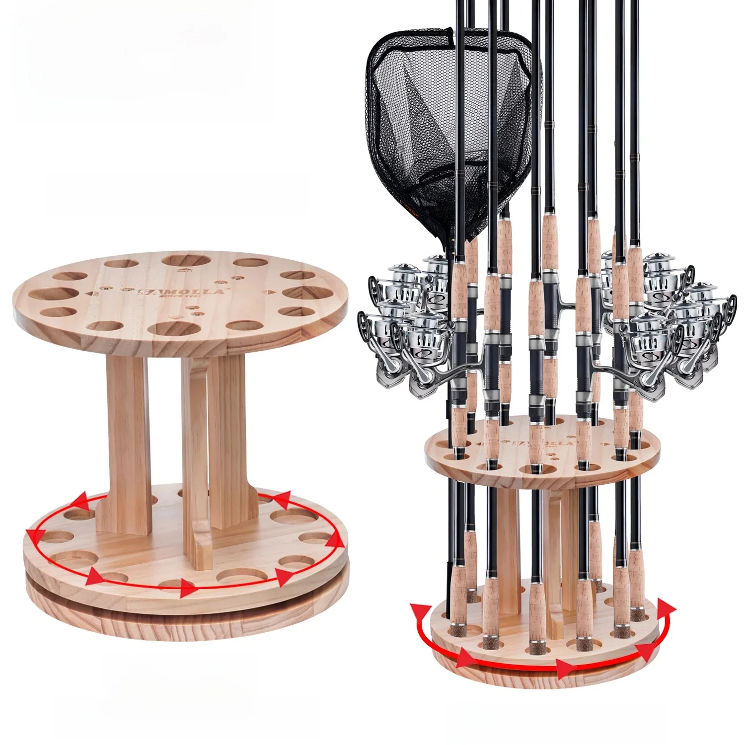 Support de pêche rond en bois, 12 emplacements, rotation à 360 °, amélioré et renforcé, gain de place, stockage évalué, équipement de pêche, le plus récent