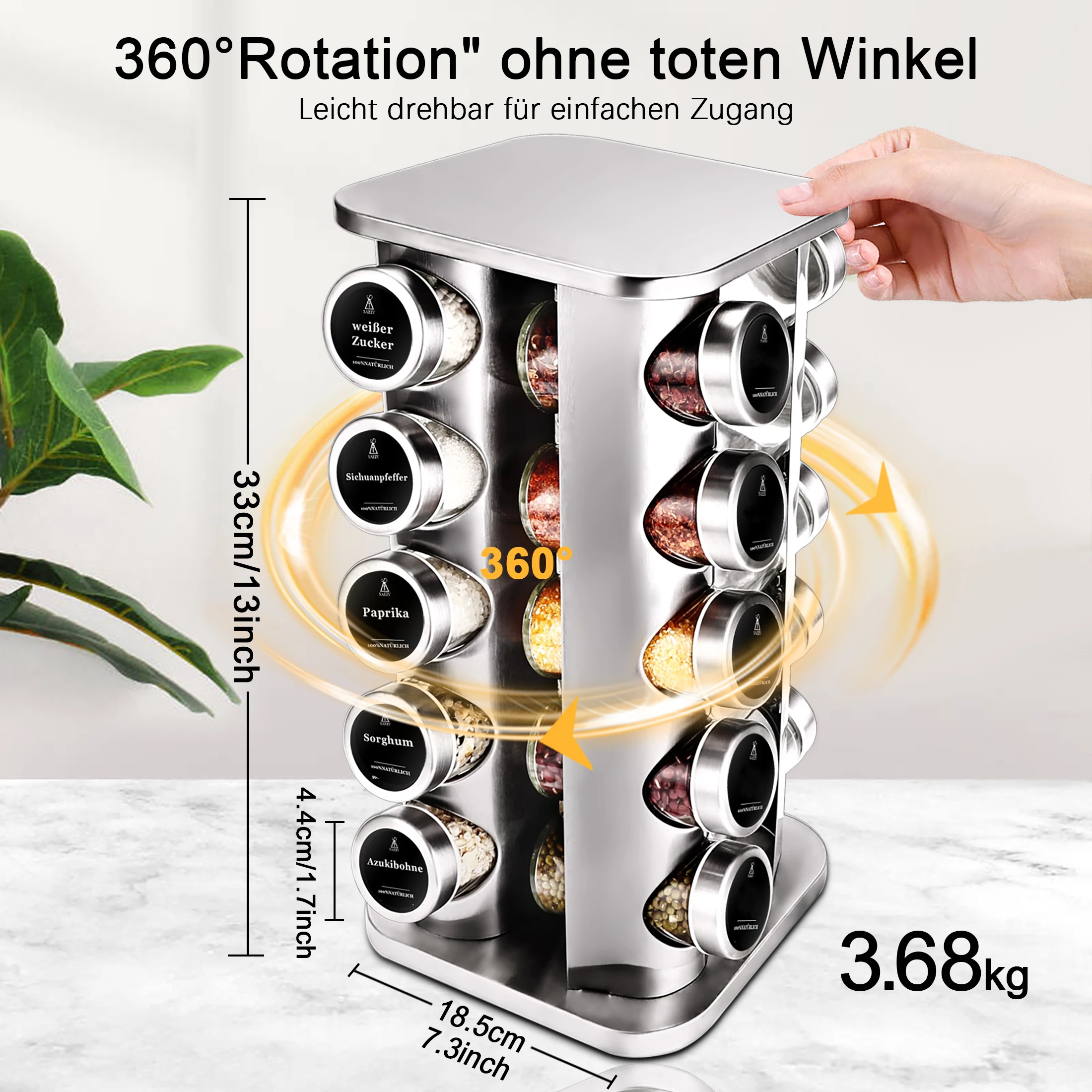 Gewürzgläser-Set - Quadratisches Gewürzregal mit 20 Gewürzgläsern, 360° ° Drehbarer Gewürzständer, Runde Edelstahl-Gewürzdosen mit Deckel – Detail 2