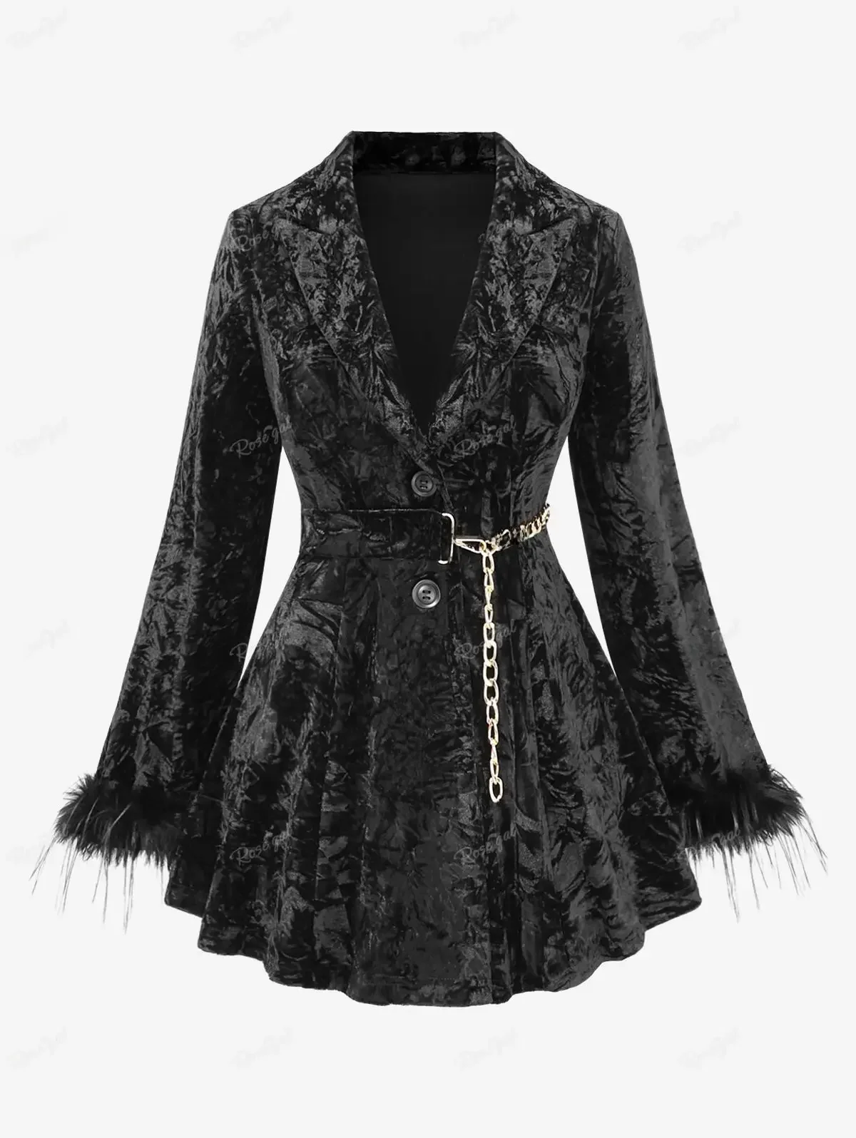 Ros gal Plus Size Revers Kragen Jacke schwarzer Mantel flauschige Pelz besatz Ärmel Knopf geprägt