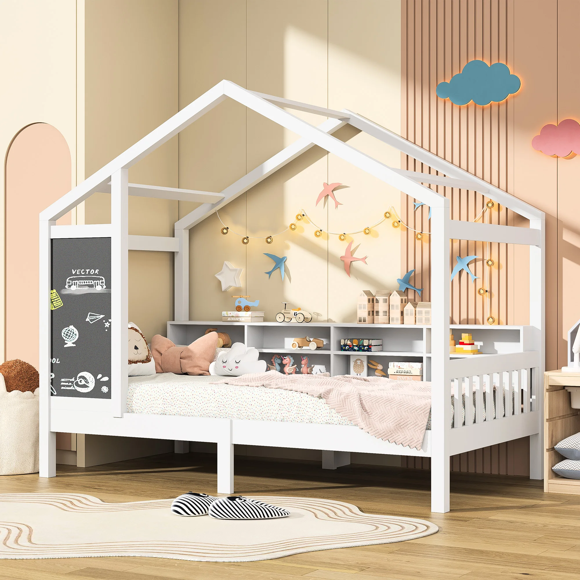 Kinderhaus bett 90x200 cm, Holzbett mit Tafel und Stauraum, Massivholz mit Lattenrost, (ohne Matratze)