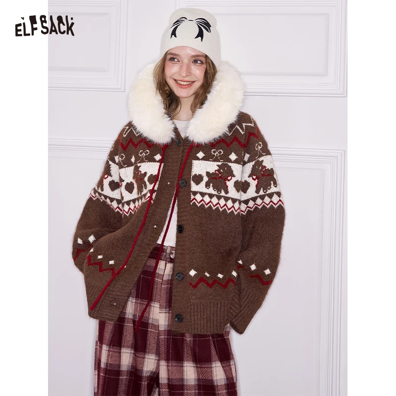 

ELFSACK Minimalist Casual Loose Christmas Animal Graphic Stripe Fur Hood Knit Cardigan For Women