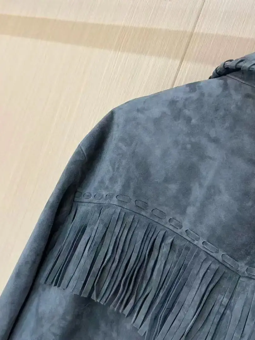 Giacca in pelle scamosciata con frange tinta unita da donna casual autunnale