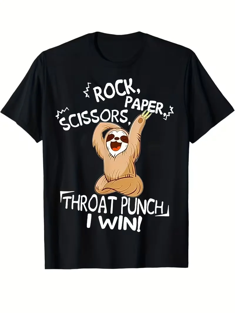 Rock Paper Scissors Throat Punch I Win! T-Shirt - Funny RPSY Combat Game Design with Sloth-Like Throat Punch Guy - 100% Unisex Casual Tee for Men & Women - Black with White RPSY Logo - All-Season Fit