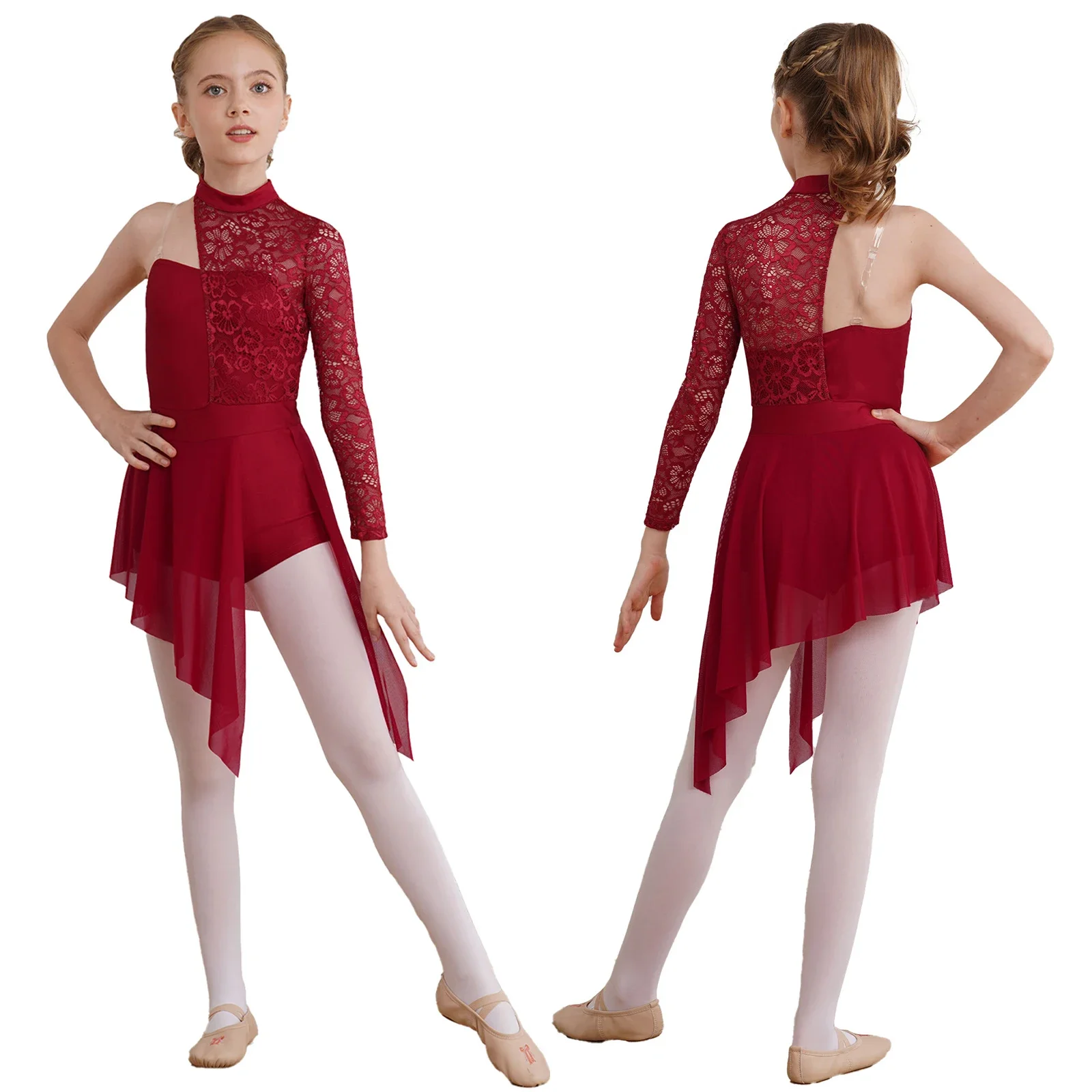 Dziecięca sukienka do tańca lirycznego dla dziewczynek Kostium do łyżwiarstwa figurowego Kwiatowy koronkowy trykot do gimnastyki baletowej Latin Jazz Cha-cha Dancewear — zdjęcie 2